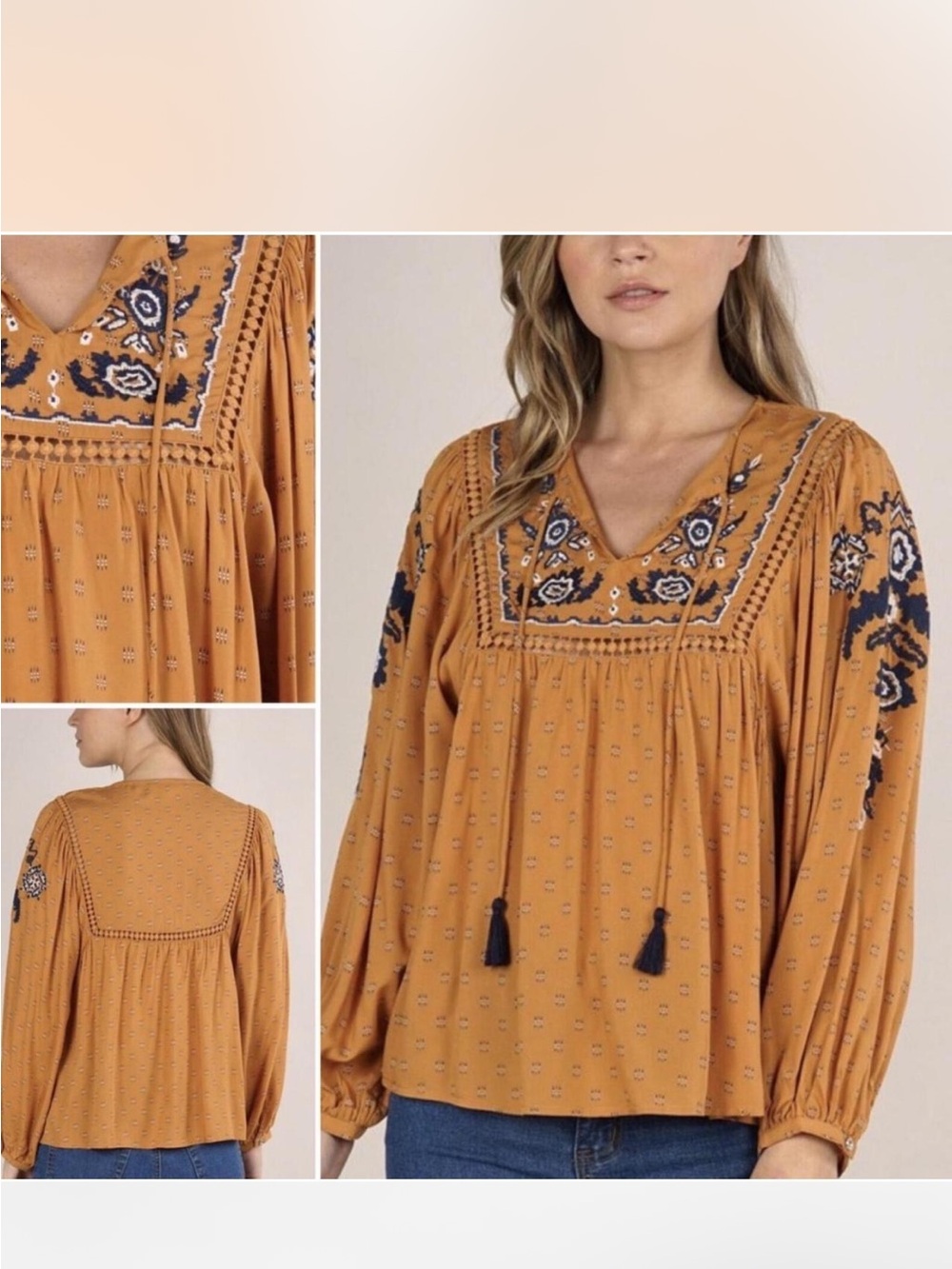 Zara Collection Embroidered Beaded Peasant Balloon Sleeve Blouse - Size XS